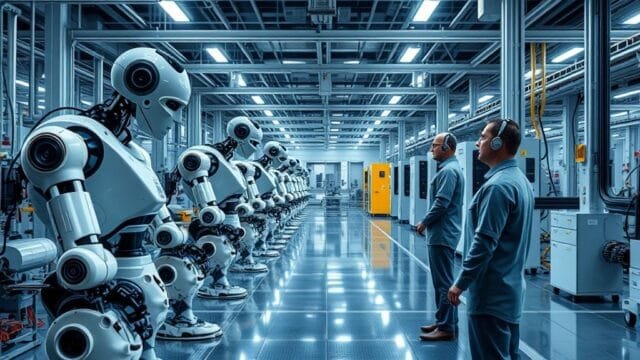 Modern Manufacturing Processes: Drive Efficiency & Innovation A futuristic factory floor with collaborative robots working alongside human technicians, demonstrating the integration of advanced manufacturing technologies.
