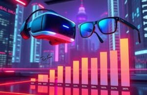 Meta AR Reality Check: Is Zuckerberg’s Vision Too Costly? A futuristic graphic showing Meta Quest headsets and Ray-Ban smart glasses floating above a financial bar chart illustrating large losses and smaller revenues.