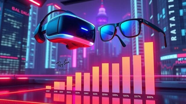 Meta AR Reality Check: Is Zuckerberg’s Vision Too Costly? A futuristic graphic showing Meta Quest headsets and Ray-Ban smart glasses floating above a financial bar chart illustrating large losses and smaller revenues.
