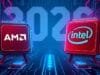 AMD vs Intel 2026: Who Will Win the AI PC Battle? A futuristic illustration showing two stylized CPU chips, one red for AMD and one blue for Intel, facing off on a digital battlefield, with "2026" in the background.