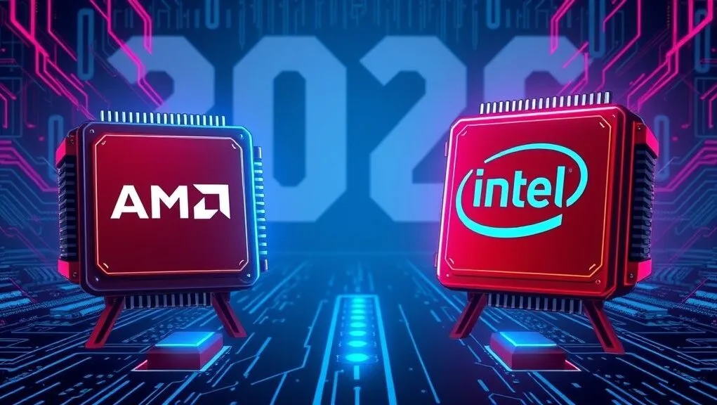A futuristic illustration showing two stylized CPU chips, one red for AMD and one blue for Intel, facing off on a digital battlefield, with "2026" in the background.