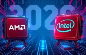 AMD vs Intel 2026: Who Will Win the AI PC Battle? A futuristic illustration showing two stylized CPU chips, one red for AMD and one blue for Intel, facing off on a digital battlefield, with "2026" in the background.