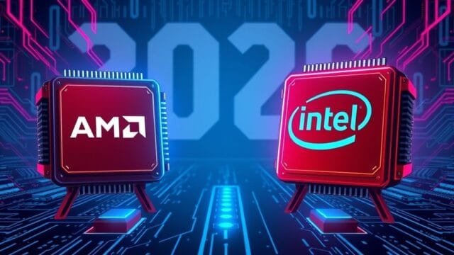 AMD vs Intel 2026: Who Will Win the AI PC Battle? A futuristic illustration showing two stylized CPU chips, one red for AMD and one blue for Intel, facing off on a digital battlefield, with "2026" in the background.