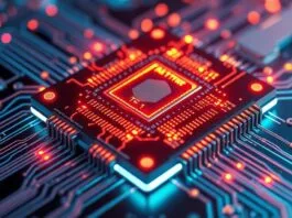 A futuristic rendering of a microchip made from novel materials, featuring glowing circuits and advanced layering, serving as a featured image