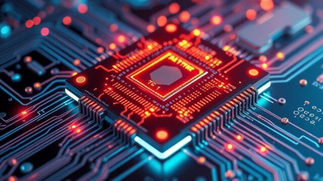 Next-Gen Processor Materials: Unlocking Computing’s Future A futuristic rendering of a microchip made from novel materials, featuring glowing circuits and advanced layering, serving as a featured image