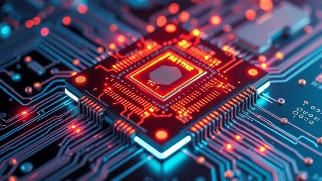 A futuristic rendering of a microchip made from novel materials, featuring glowing circuits and advanced layering, serving as a featured image