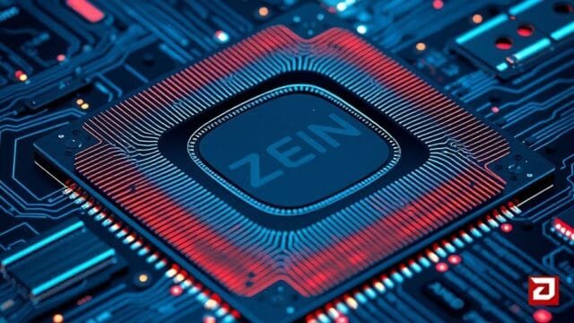 Zen 5 & Beyond: AMD’s Ultimate Architecture Revealed A futuristic, stylized rendering of AMD's Zen 5 core architecture, emphasizing its intricate design and advanced transistors.
