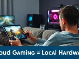 A gamer sitting on a couch playing on a tablet via cloud gaming, while a high-end gaming PC setup is visible in the background, symbolizing the choice between Cloud Gaming Local Hardware.