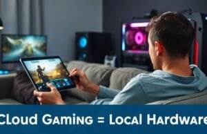 Cloud Gaming Local Hardware: Your 2025 Choice for Gamers A gamer sitting on a couch playing on a tablet via cloud gaming, while a high-end gaming PC setup is visible in the background, symbolizing the choice between Cloud Gaming Local Hardware.