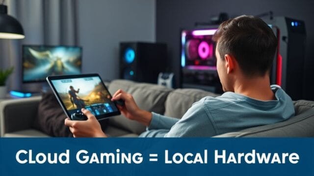 Cloud Gaming Local Hardware: Your 2025 Choice for Gamers A gamer sitting on a couch playing on a tablet via cloud gaming, while a high-end gaming PC setup is visible in the background, symbolizing the choice between Cloud Gaming Local Hardware.