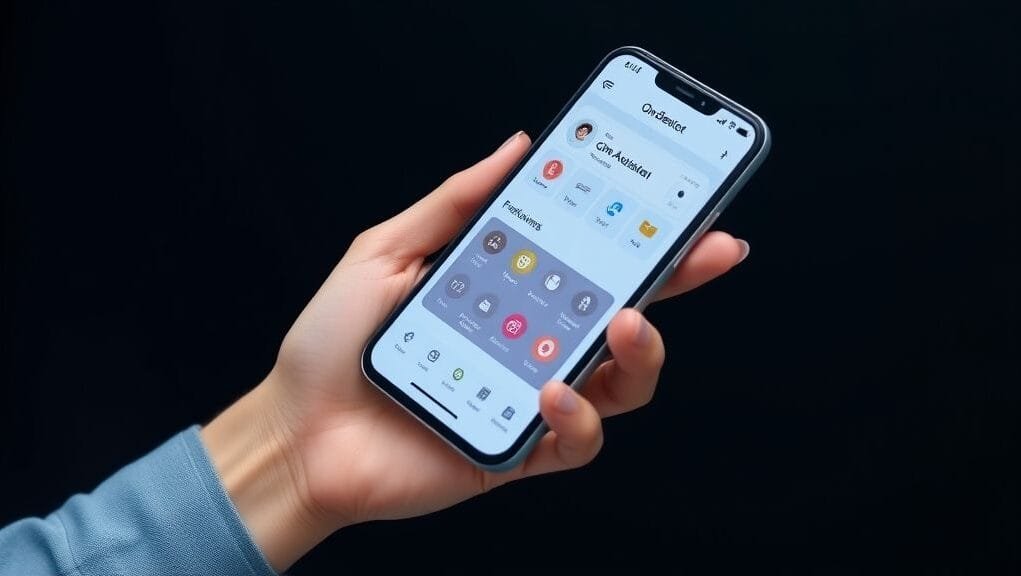 A hand holding an On-Device AI Smartphone displaying a smart assistant interface with various AI-powered features.