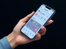 A hand holding an On-Device AI Smartphone displaying a smart assistant interface with various AI-powered features.