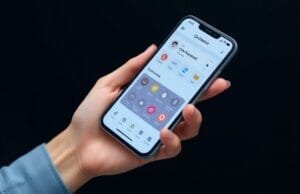On-Device AI Smartphones: Your True AI Companion A hand holding an On-Device AI Smartphone displaying a smart assistant interface with various AI-powered features.