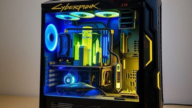 Game Themed PC Build: Crafting Your Ultimate Gaming Sanctuary A highly detailed, custom-painted PC case featuring elements from Cyberpunk 2077, with neon yellow and blue RGB lighting illuminating intricate miniature cityscapes inside.