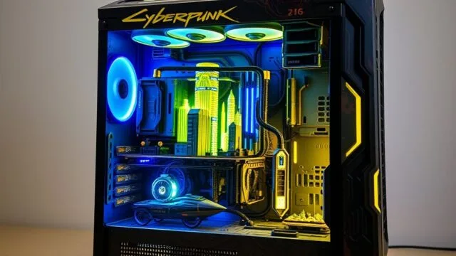A highly detailed, custom-painted PC case featuring elements from Cyberpunk 2077, with neon yellow and blue RGB lighting illuminating intricate miniature cityscapes inside. A highly detailed, custom-painted PC case featuring elements from Cyberpunk 2077, with neon yellow and blue RGB lighting illuminating intricate miniature cityscapes inside.