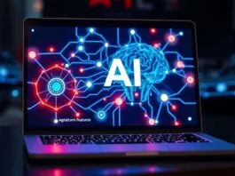 A laptop screen displaying AI features with glowing neural network connections, illustrating AI processors in laptops.