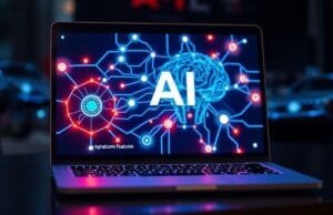 AI Processors in Laptops: The Great Shift Transforming Personal Computing A laptop screen displaying AI features with glowing neural network connections, illustrating AI processors in laptops.