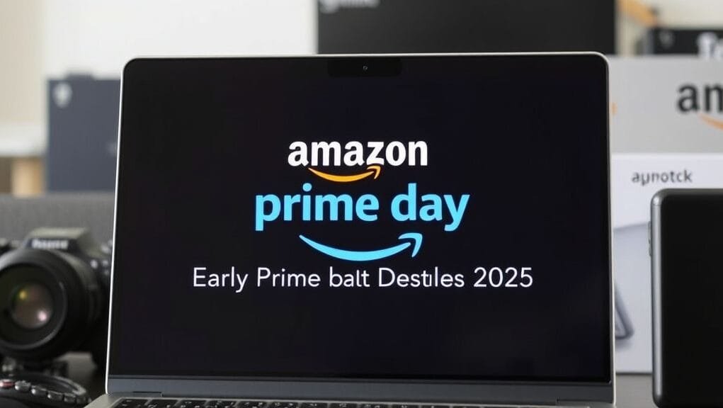 A laptop screen displaying an Amazon Prime Day logo, hinting at **Early Prime Day Laptop Deals 2025** among blurred tech products in the background.