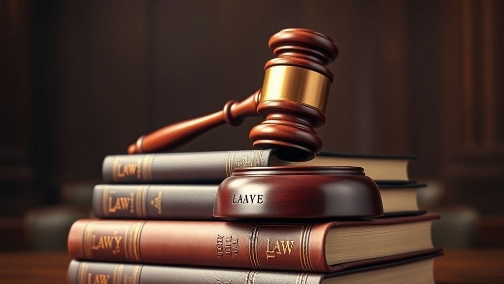 A legal gavel resting on a stack of law books, symbolizing copyright enforcement