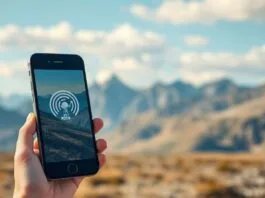 A modern smartphone displaying a satellite signal icon in a remote, mountainous landscape, symbolizing smartphone satellite connectivity