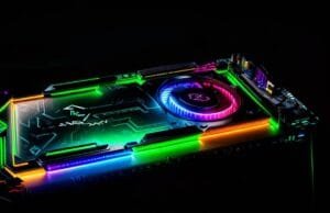 AI Overclocking: Gimmick or Game-Changer for PC Performance? A motherboard with illuminated components, highlighting the CPU, RAM, and prominent cooling elements like a liquid cooler pump, with a subtle digital overlay showing AI monitoring data points such as temperature and frequency.