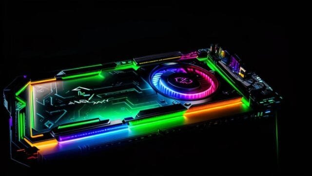 AI Overclocking: Gimmick or Game-Changer for PC Performance? A motherboard with illuminated components, highlighting the CPU, RAM, and prominent cooling elements like a liquid cooler pump, with a subtle digital overlay showing AI monitoring data points such as temperature and frequency.