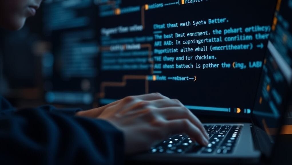 A person carefully typing a prompt into an AI interface with a focused expression, digital glowing lines connect their thought to the AI output.