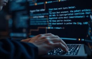 Prompt Engineering: Unlock AI’s True Power A person carefully typing a prompt into an AI interface with a focused expression, digital glowing lines connect their thought to the AI output.