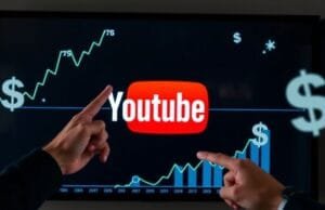How to Earn Money on YouTube: Ultimate 2024 Guide A person confidently pointing towards a YouTube logo on a digital screen, surrounded by graphs and money symbols, representing growth and income.
