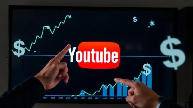 A person confidently pointing towards a YouTube logo on a digital screen, surrounded by graphs and money symbols, representing growth and income.