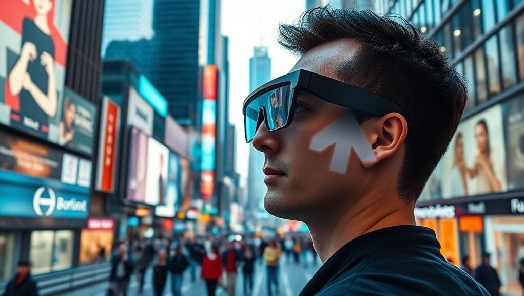 A person wearing sleek smart glasses sees digital information overlayed onto a busy city street, showing navigation arrows and a subtle message notification.