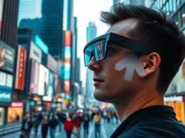 A person wearing sleek smart glasses sees digital information overlayed onto a busy city street, showing navigation arrows and a subtle message notification.