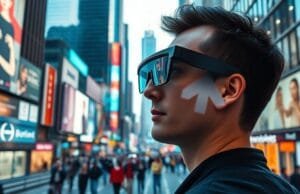 AI Replacing Smartphones: What Comes Next? A person wearing sleek smart glasses sees digital information overlayed onto a busy city street, showing navigation arrows and a subtle message notification.