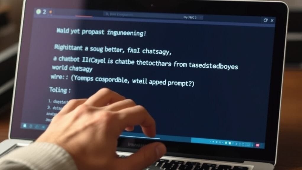 A person's hand typing a well-crafted prompt for an AI chatbot, demonstrating effective Prompt Engineering.