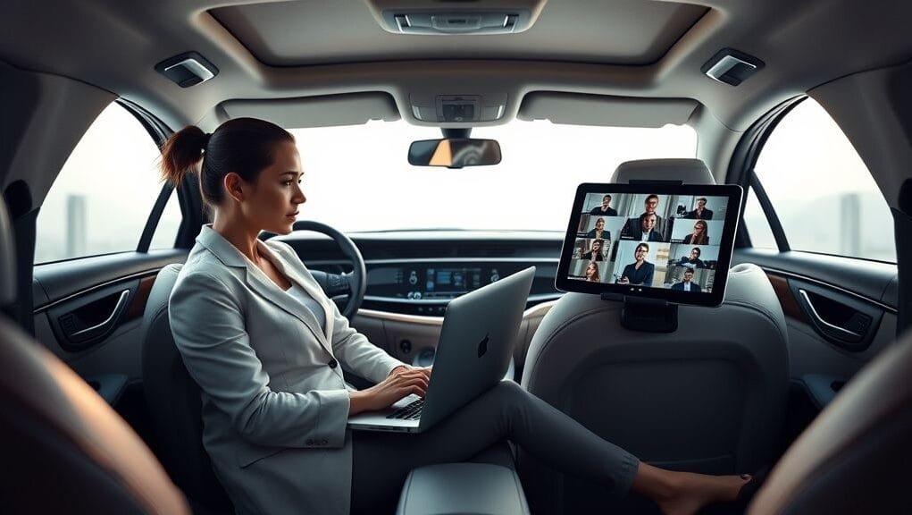 A professional woman working on a laptop in a modern car's back seat, creating an efficient eSIM mobile office, with a tablet mounted on the dashboard showing a video conference.