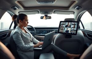 eSIM Mobile Office: Your Car’s Ultimate Workspace A professional woman working on a laptop in a modern car's back seat, creating an efficient eSIM mobile office, with a tablet mounted on the dashboard showing a video conference.