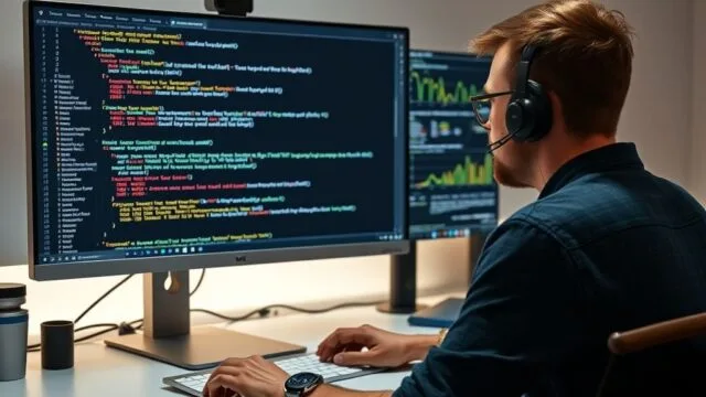A researcher sitting in front of a computer screen, displaying R for data analysis with code, statistical output, and illustrative graphs. A researcher sitting in front of a computer screen, displaying R for data analysis with code, statistical output, and illustrative graphs.