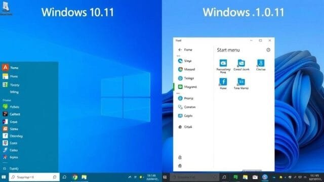 Windows 10 vs Windows 11: The Ultimate Upgrade Guide A side-by-side comparison image of the Windows 10 desktop on the left with its traditional Start Menu, and the Windows 11 desktop on the right with its centered Start Menu and redesigned taskbar, highlighting the visual differences.