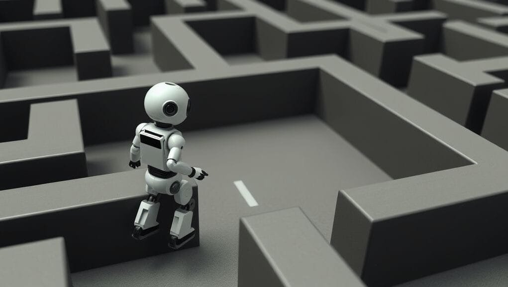 A simple robot agent navigates a maze, trying different paths and receiving feedback, a visual metaphor for Reinforcement Learning.