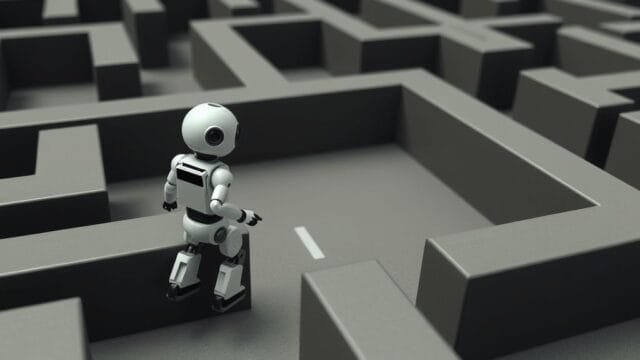 Reinforcement Learning: How AI Learns by Doing A simple robot agent navigates a maze, trying different paths and receiving feedback, a visual metaphor for Reinforcement Learning.