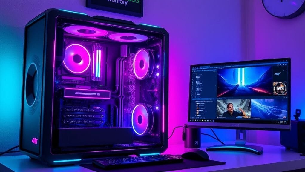 A sleek, futuristic gaming PC build, showcasing RGB lighting and high-end components, with a large 4K monitor displaying an intense game scene and a second monitor showing streaming software. A sleek, futuristic gaming PC build, showcasing RGB lighting and high-end components, with a large 4K monitor displaying an intense game scene and a second monitor showing streaming software.