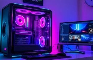 4K Gaming & Streaming Beast: Build Your No-Compromise PC A sleek, futuristic gaming PC build, showcasing RGB lighting and high-end components, with a large 4K monitor displaying an intense game scene and a second monitor showing streaming software.