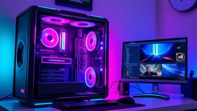 4K Gaming & Streaming Beast: Build Your No-Compromise PC A sleek, futuristic gaming PC build, showcasing RGB lighting and high-end components, with a large 4K monitor displaying an intense game scene and a second monitor showing streaming software.