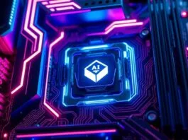 A sleek, futuristic gaming PC motherboard. Glowing RGB accents highlight a CPU socket. Complex circuit patterns symbolize AI overclocking.