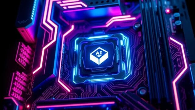 AI-Powered Overclocking: Unleash Your PC’s Full Potential A sleek, futuristic gaming PC motherboard. Glowing RGB accents highlight a CPU socket. Complex circuit patterns symbolize AI overclocking.