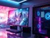AMD RX 9070 XT vs RTX 5070 Ti: The Ultimate 2025 Guide A sleek, futuristic gaming PC setup featuring a monitor displaying a vibrant game, with a graphics card clearly visible through the side panel.