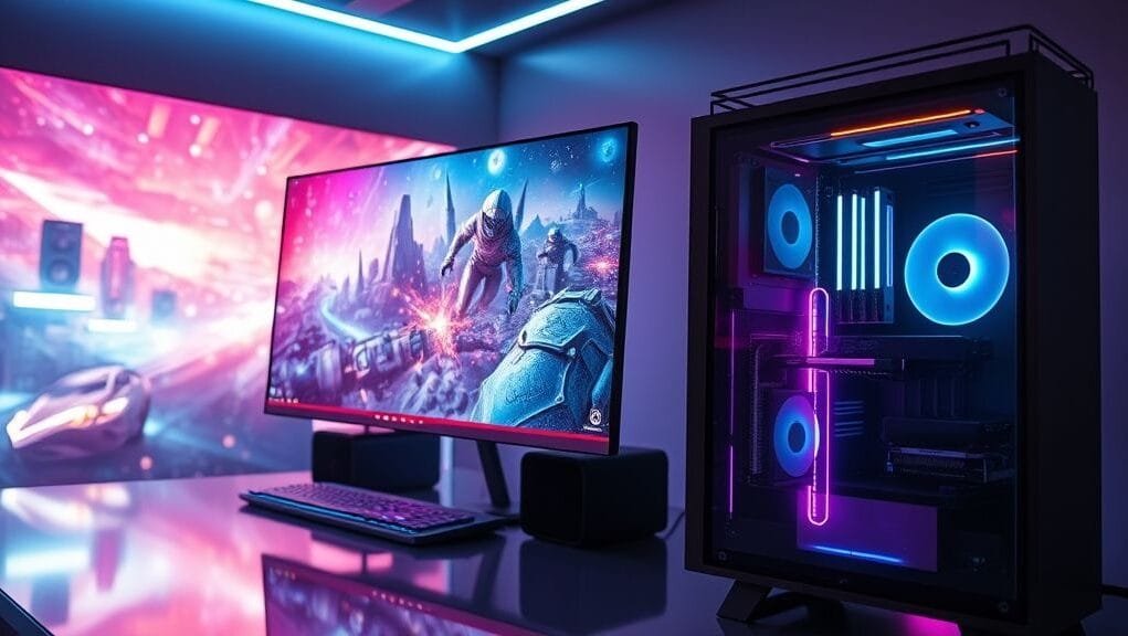 A sleek, futuristic gaming PC setup featuring a monitor displaying a vibrant game, with a graphics card clearly visible through the side panel.