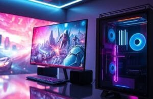 AMD RX 9070 XT vs RTX 5070 Ti: The Ultimate 2025 Guide A sleek, futuristic gaming PC setup featuring a monitor displaying a vibrant game, with a graphics card clearly visible through the side panel.