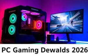 PC Gaming Demands 2026: Is Your Rig Ready for Next-Gen Games? A sleek, futuristic gaming PC setup with vibrant RGB lighting, showcasing high-performance components and a next-gen game running on a large monitor, reflecting the PC Gaming Demands 2026.