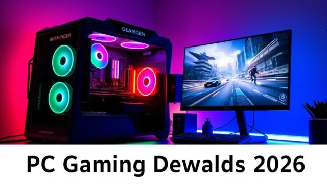 A sleek, futuristic gaming PC setup with vibrant RGB lighting, showcasing high-performance components and a next-gen game running on a large monitor, reflecting the PC Gaming Demands 2026.